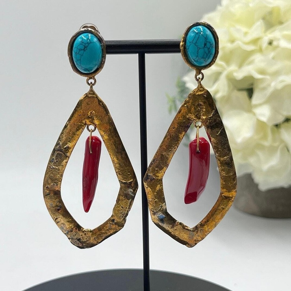 Sylvia Toledano‎ Coral and Turquoise Corail Drop Bold 22k GP Drop Clip Earrings